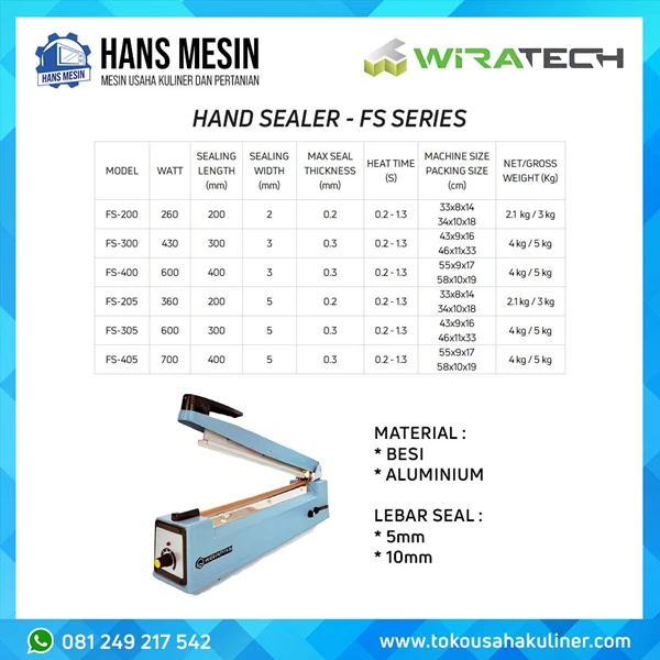HAND SEALER FS SERIES WIRATECH FS-200 FS-300 FS-400 FS-205 FS-305 FS-405  SEALER PLASTIK