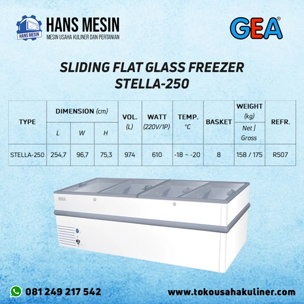 SLIDING FLAT GLASS FREEZER STELLA-250 GEA