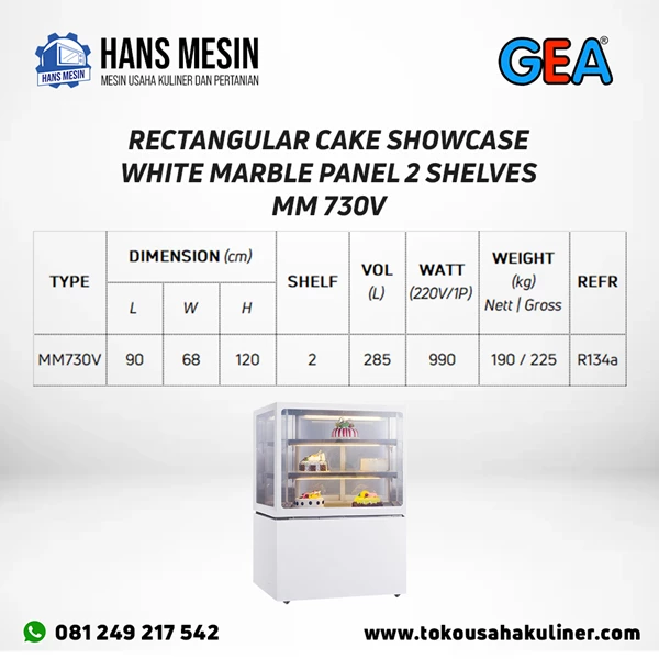 RECTANGULAR CAKE SHOWCASE WHITE MARBLE PANEL 2 SHELVES MM730V GEA