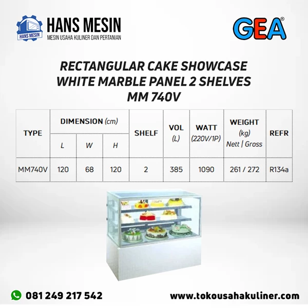 RECTANGULAR CAKE SHOWCASE WHITE MARBLE PANEL 2 SHELVES MM740V GEA