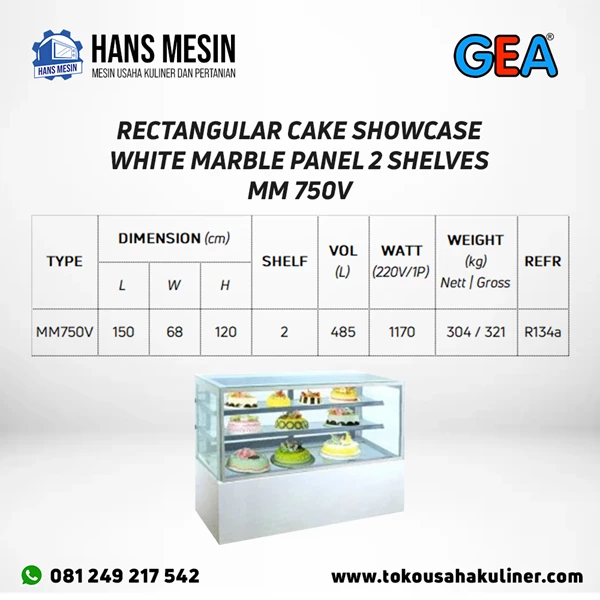 RECTANGULAR CAKE SHOWCASE WHITE MARBLE PANEL 2 SHELVES MM750V GEA