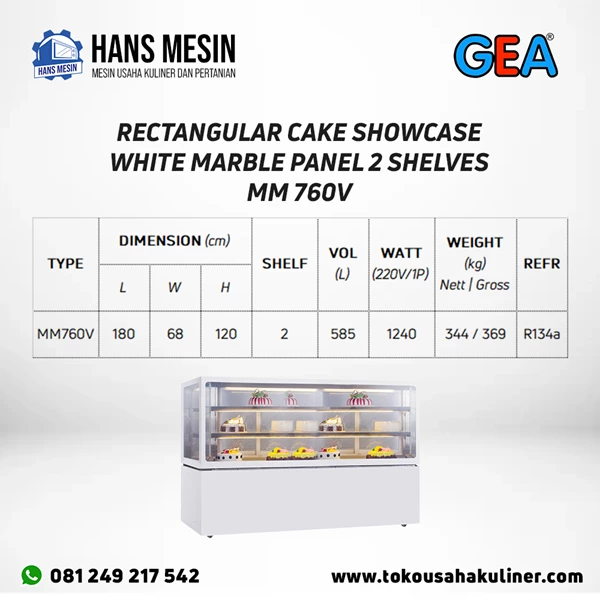 RECTANGULAR CAKE SHOWCASE WHITE MARBLE PANEL 2 SHELVES MM760V GEA