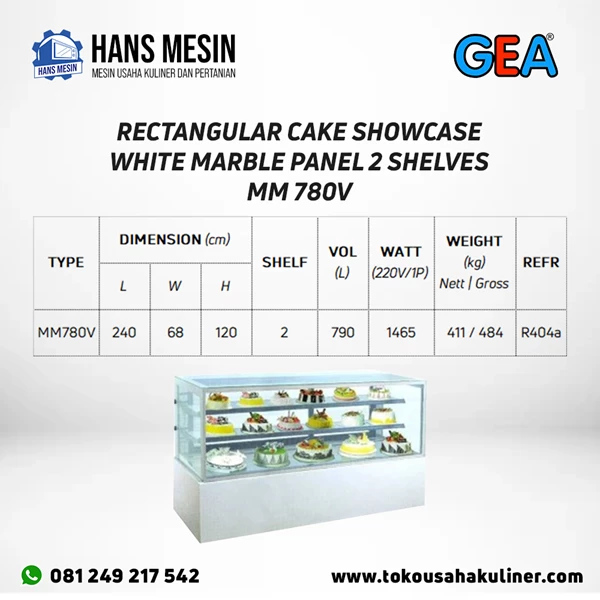 RECTANGULAR CAKE SHOWCASE WHITE MARBLE PANEL 2 SHELVES MM780V GEA