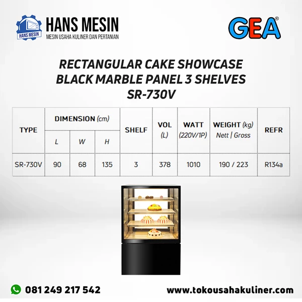 RECTANGULAR CAKE SHOWCASE BLACK MARBLE PANEL 3 SHELVES SR-730V GEA