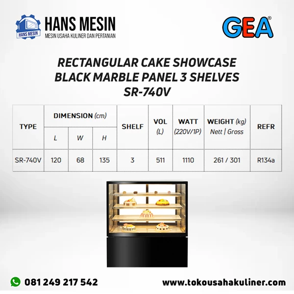 RECTANGULAR CAKE SHOWCASE BLACK MARBLE PANEL 3 SHELVES SR-740V GEA