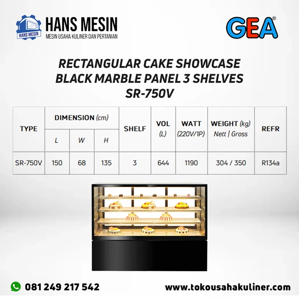 RECTANGULAR CAKE SHOWCASE BLACK MARBLE PANEL 3 SHELVES SR-750V GEA