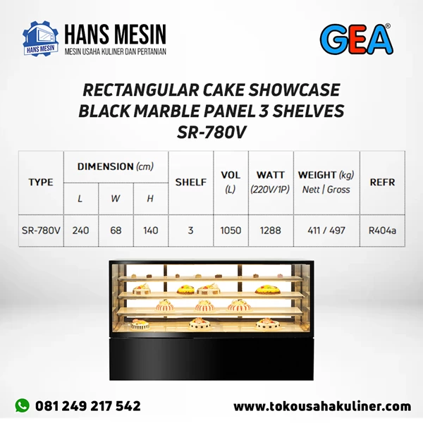 RECTANGULAR CAKE SHOWCASE BLACK MARBLE PANEL 3 SHELVES SR-780V GEA