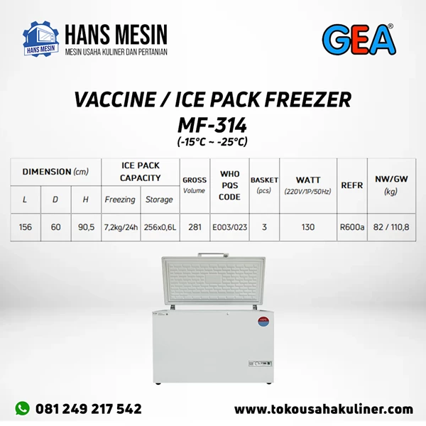 VACCINE / ICE PACK FREEZER MF-314 GEA