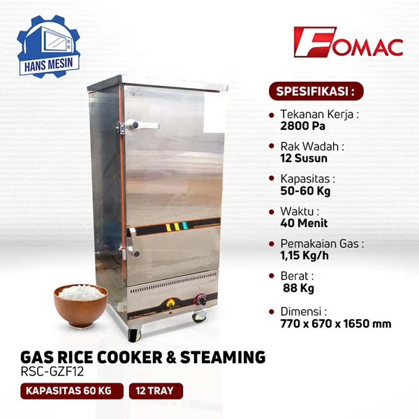 Mesin Penanak Nasi 12 Tray FOMAC RSC-GZF12 Gas Rice Steamer
